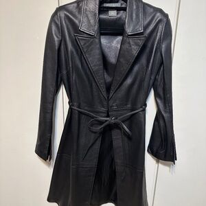 Bisou Bisou Black Genuine Leather Belted Trench Coat SizeM